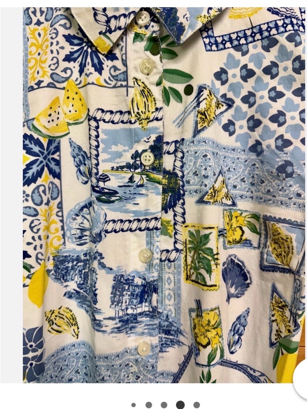 J. Crew Blue & Yellow Printed Collared Maxi Dress with tile and lemon detail. - Picture 4 of 6